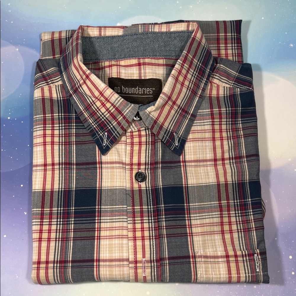 No Boundaries Men's Casual Plaid Shirt - Red, Blue, and White